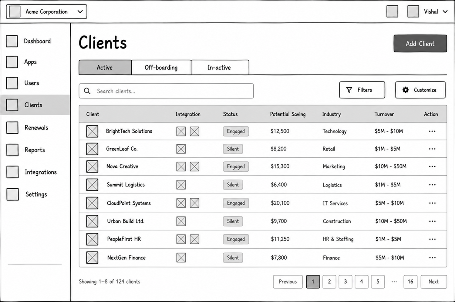 AppVentory Clients Management Lo-fi Wireframe