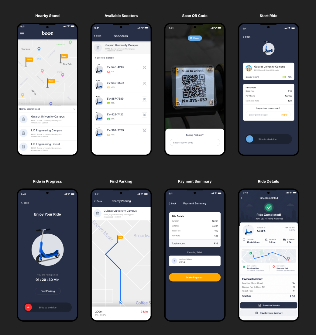 Booz Ride Experience Screens — Dark Mode