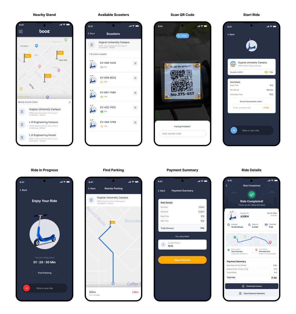 Booz Ride Experience Screens — Light Mode
