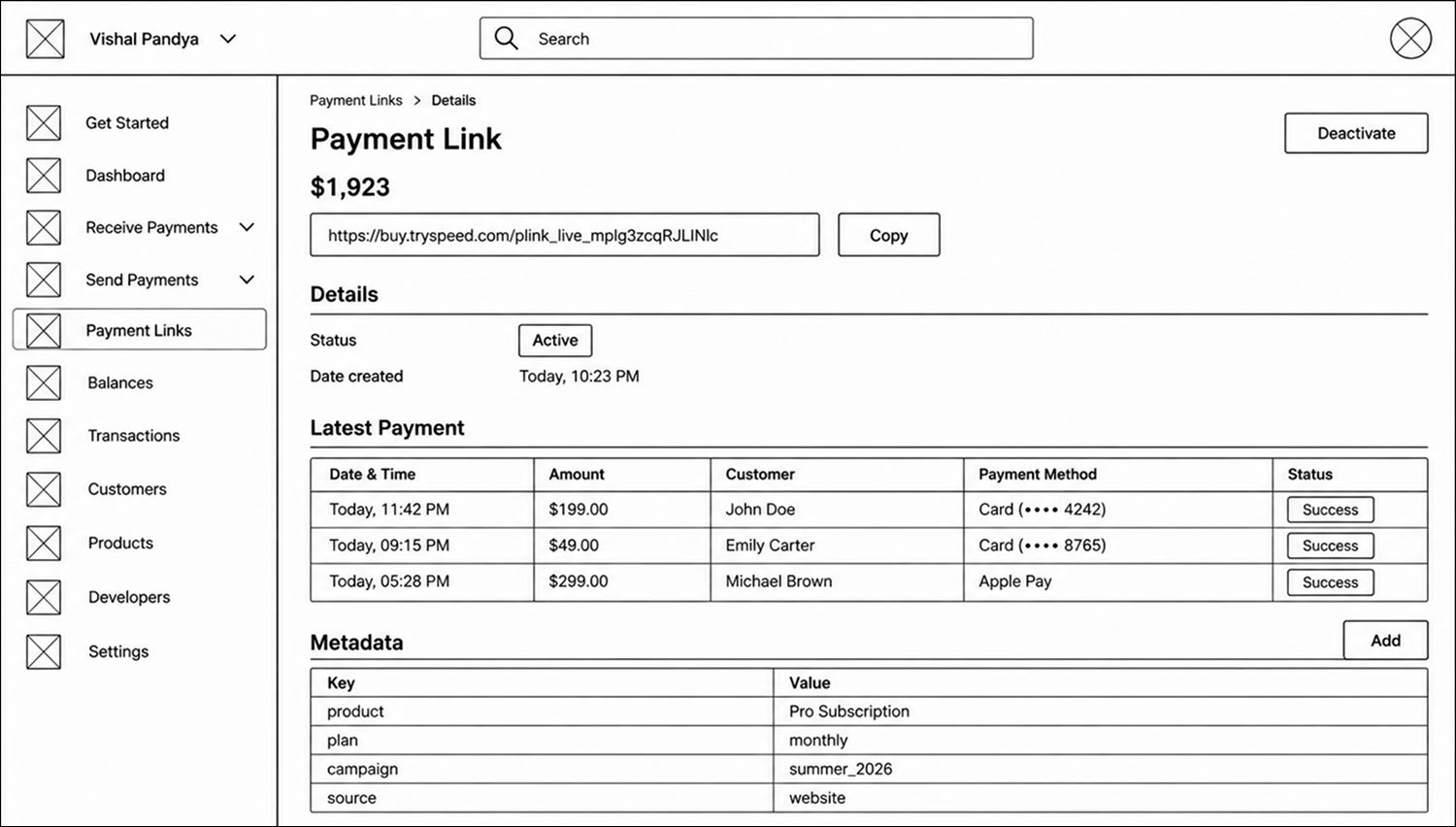 Speed Payment Link Details Lo-fi Wireframe