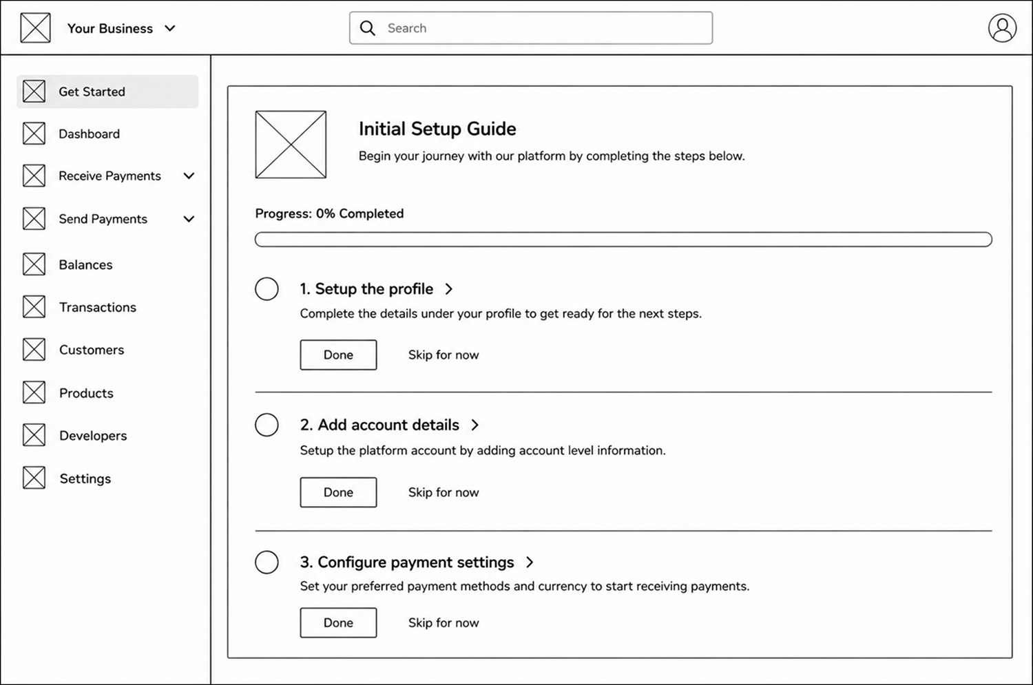 Speed Onboarding Flow Lo-fi Wireframe