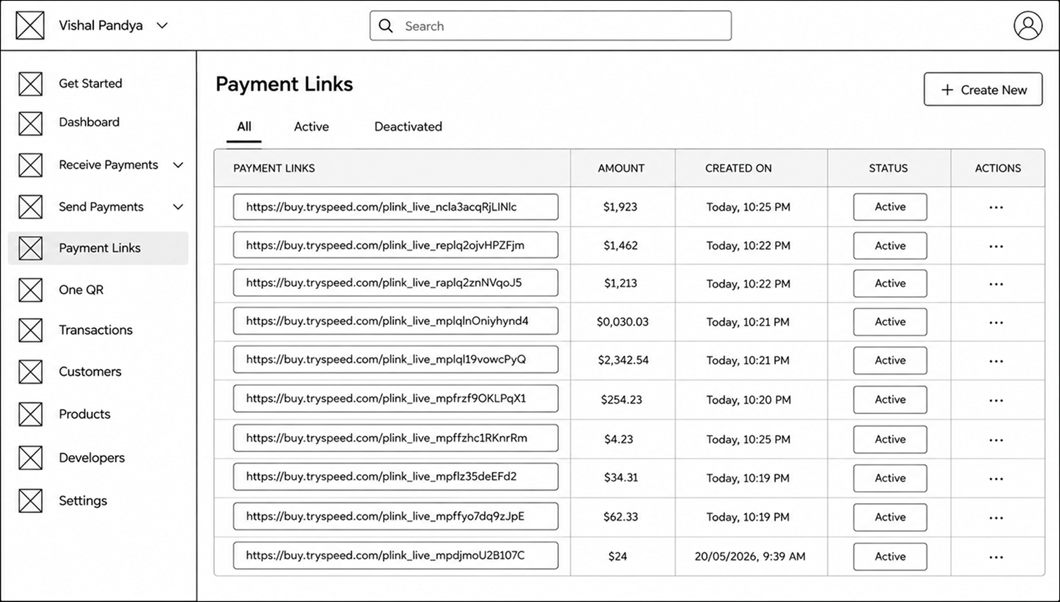Speed Payment Links List Lo-fi Wireframe